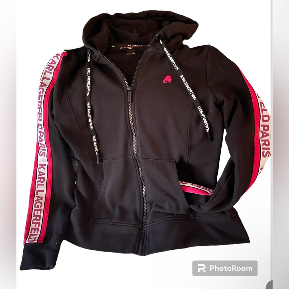 NWOT Karl Lagerfeld Hoodie Full Zip, Pockets Black & Pink Sz ladies XS/S - Picture 6 of 10